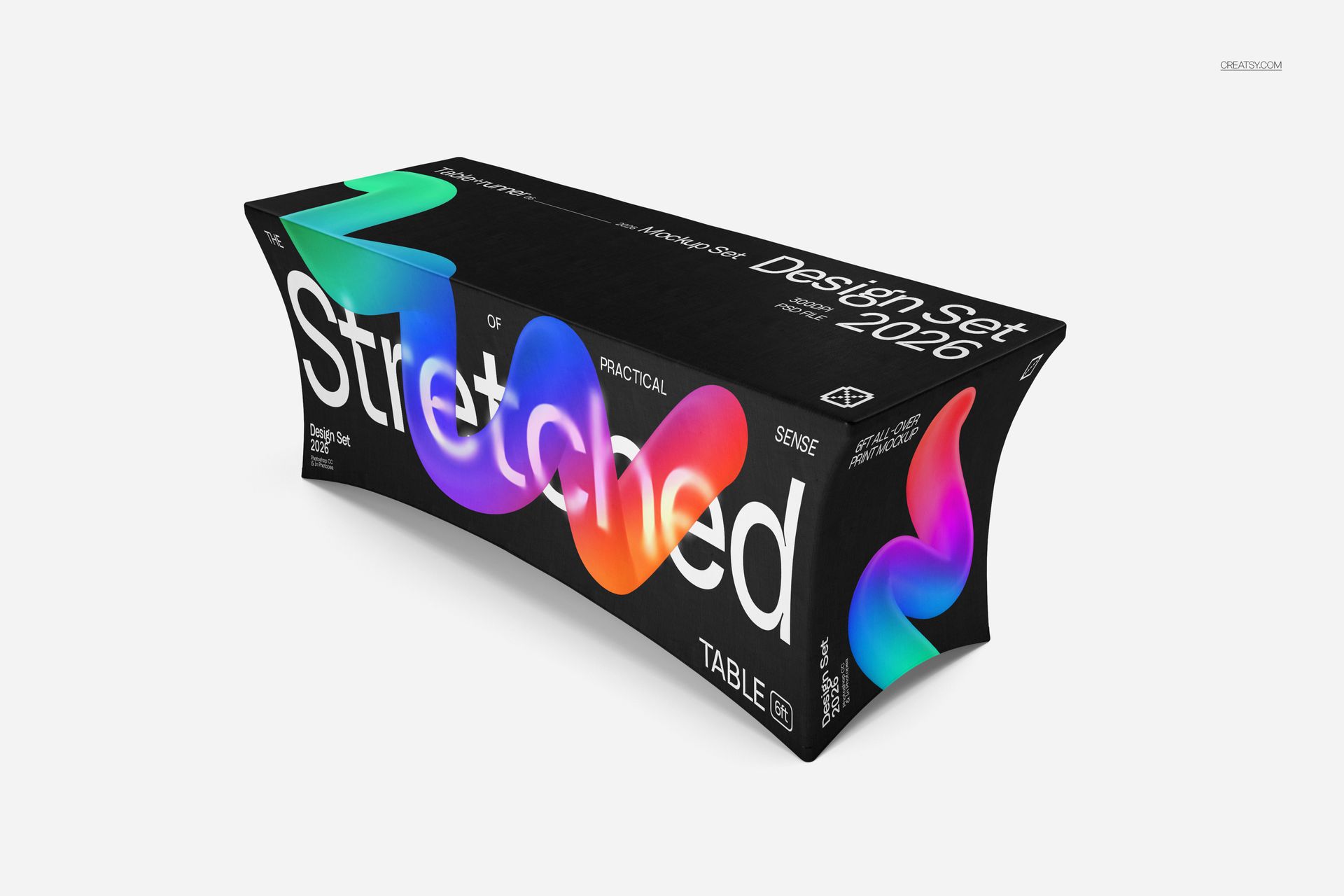Stretched tablecloth mockup featuring a rectangular table covered with a black cloth displaying colorful abstract graphics.