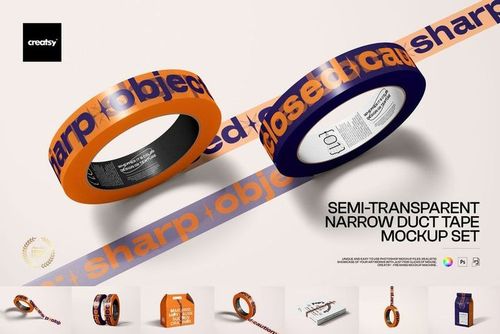 PSD mockup of narrow duct tape with sharp object text pattern, including a close-up of the tape and rolls.