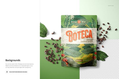 Doypack bag pouch mockup featuring botanical artwork and coffee beans, shown from above on a two-tone backdrop.