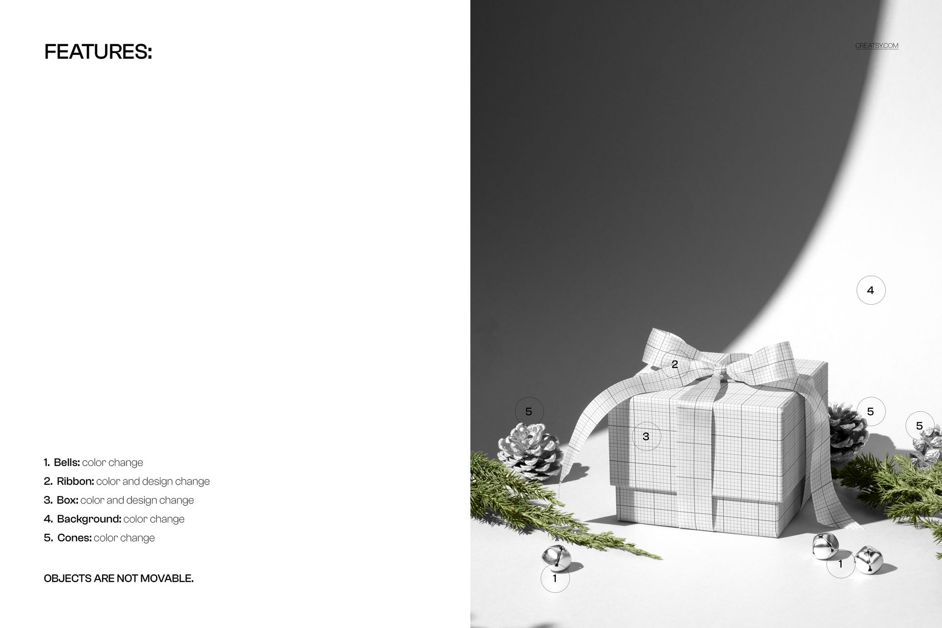 Christmas gift box mockup with ribbon, pinecones, and evergreen branches on a white surface with shadow.