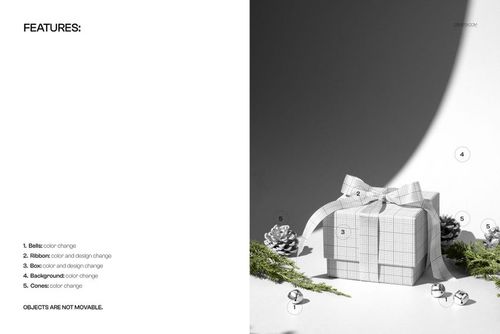 Christmas gift box mockup with ribbon, pinecones, and evergreen branches on a white surface with shadow.