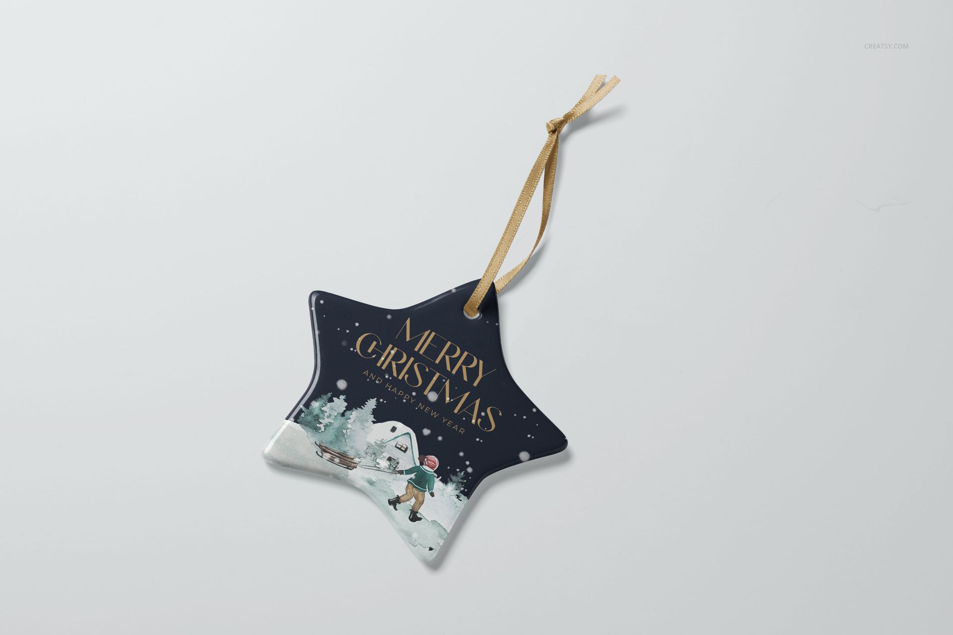 PSD mockup of a star-shaped ceramic ornament featuring a snowy holiday scene and Merry Christmas text, top angle.