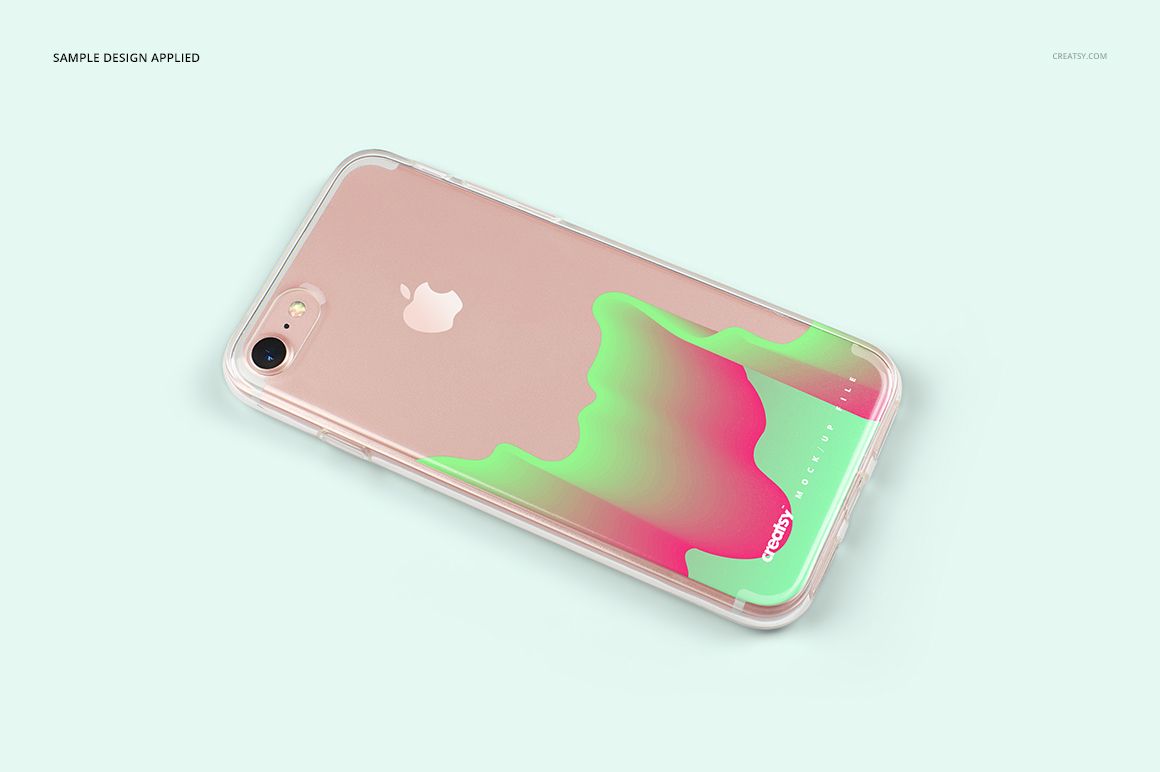 iPhone 7 clear case mockup featuring a colorful gradient pattern, displayed on a pale background in a perspective view.