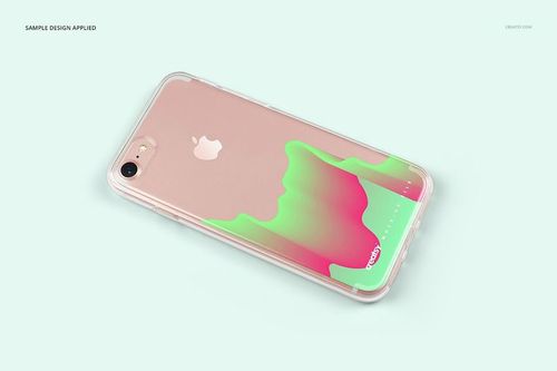 iPhone 7 clear case mockup featuring a colorful gradient pattern, displayed on a pale background in a perspective view.
