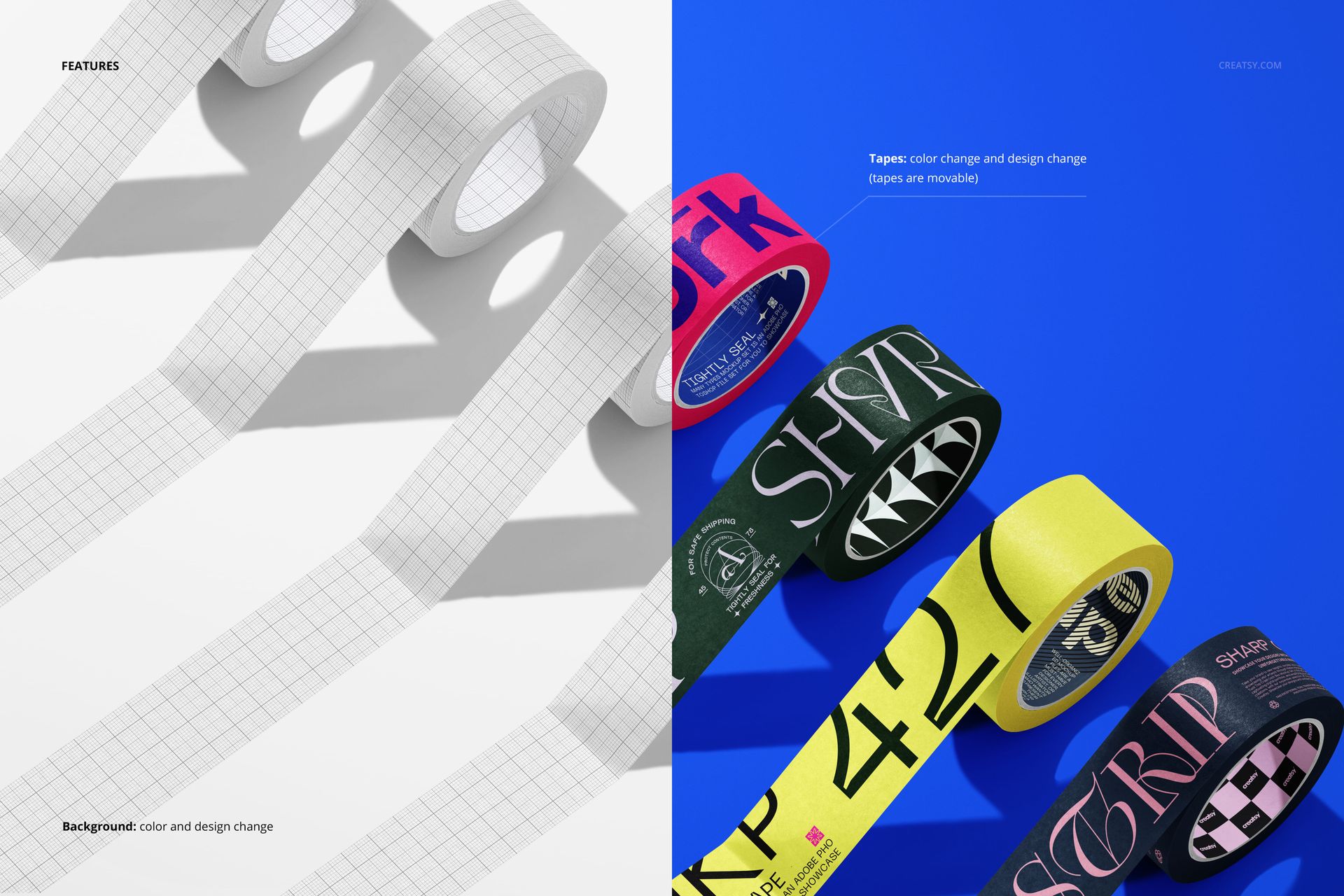 Mockup of packaging tape rolls in different colors and designs, displayed in a diagonal row on split backgrounds.