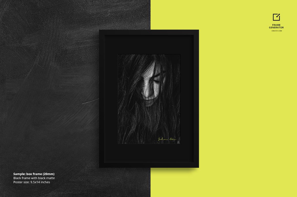 Black frame mockup with black matte showing a dark art print, placed on a split black and yellow background.
