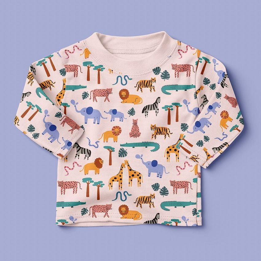 Baby long sleeve shirt mockup featuring a safari animal pattern with lions, elephants, and giraffes on a light background.