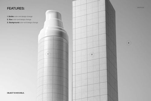 Front view of a glossy plastic airless bottle and rectangular box mockup with grid pattern on a light background.