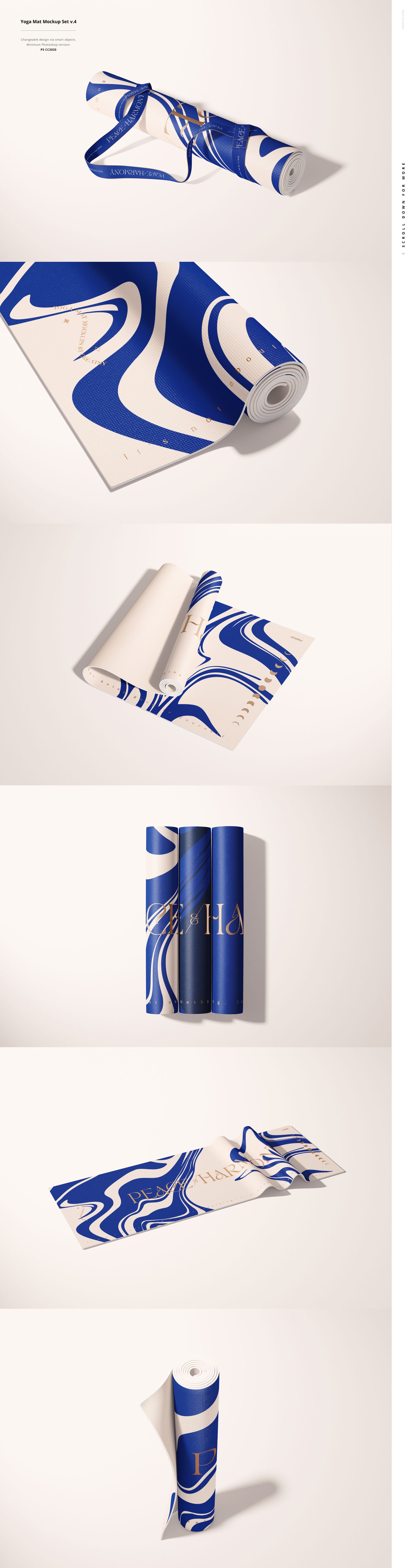 Set of yoga mat mockups featuring a bold blue and white design, displayed flat and partially rolled on a light surface.