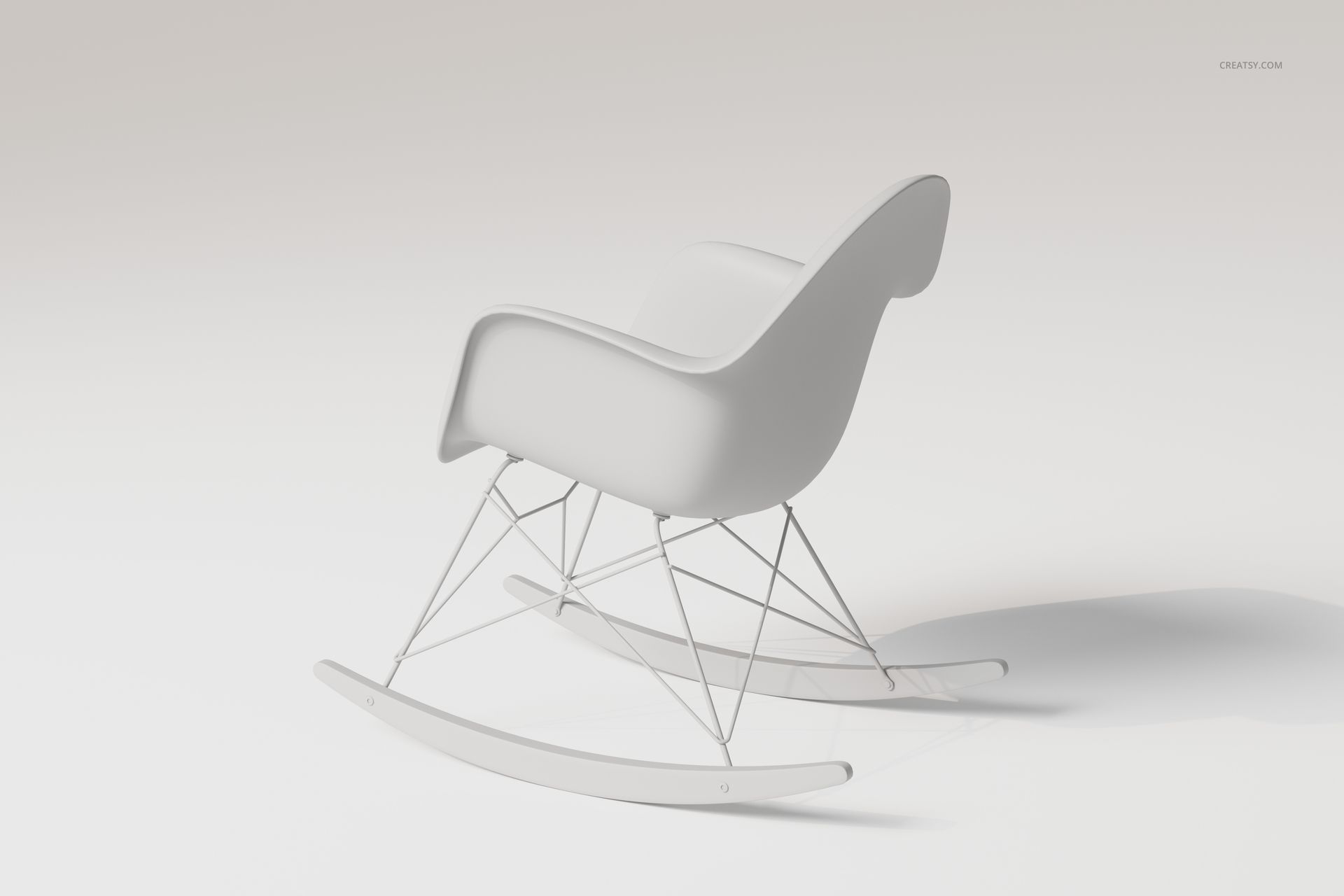 Eames style rocking chair in matte white, shown from a side angle with curved seat and metal wire base on a plain background.