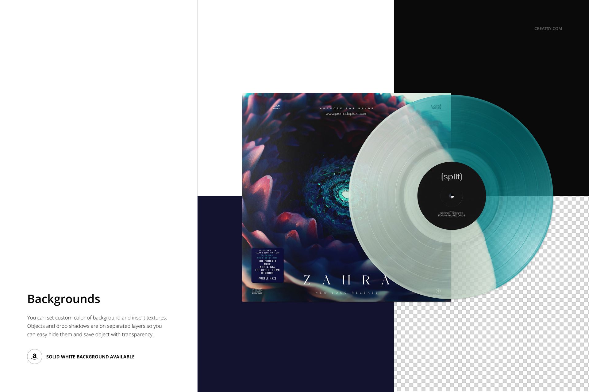 Vinyl record mockup showing a split effect with a translucent teal disc and a vibrant abstract cover design.