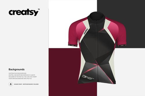 Front view of a bike jersey mockup with geometric color blocks in black, burgundy, white, and gray on a split background.
