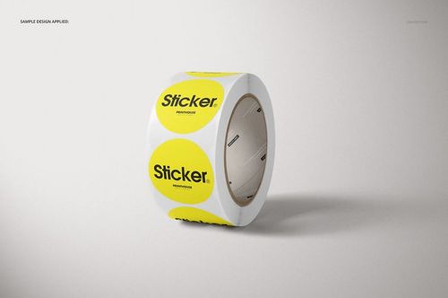Round roll of stickers with bright yellow oval labels and black text, shown in a realistic mockup on a light background.