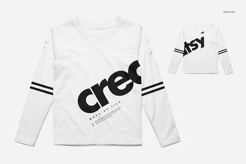 Kids long sleeve shirt mockup in white with bold black diagonal text and stripes, shown in front and back views.