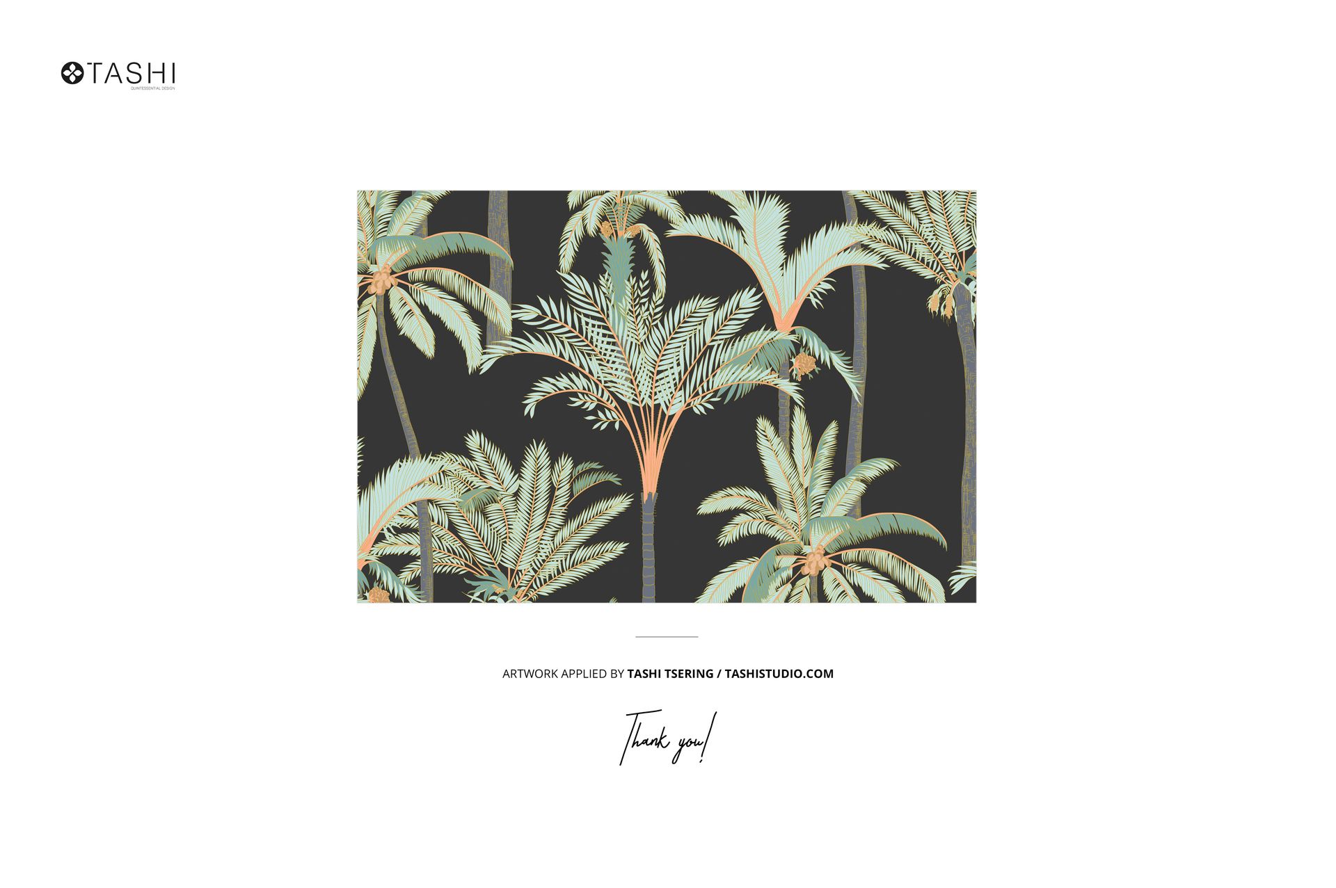 Flat canvas pouch with fabric zipper pull featuring a tropical palm tree pattern on a dark background, front view.