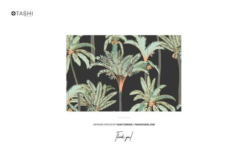 Flat canvas pouch with fabric zipper pull featuring a tropical palm tree pattern on a dark background, front view.