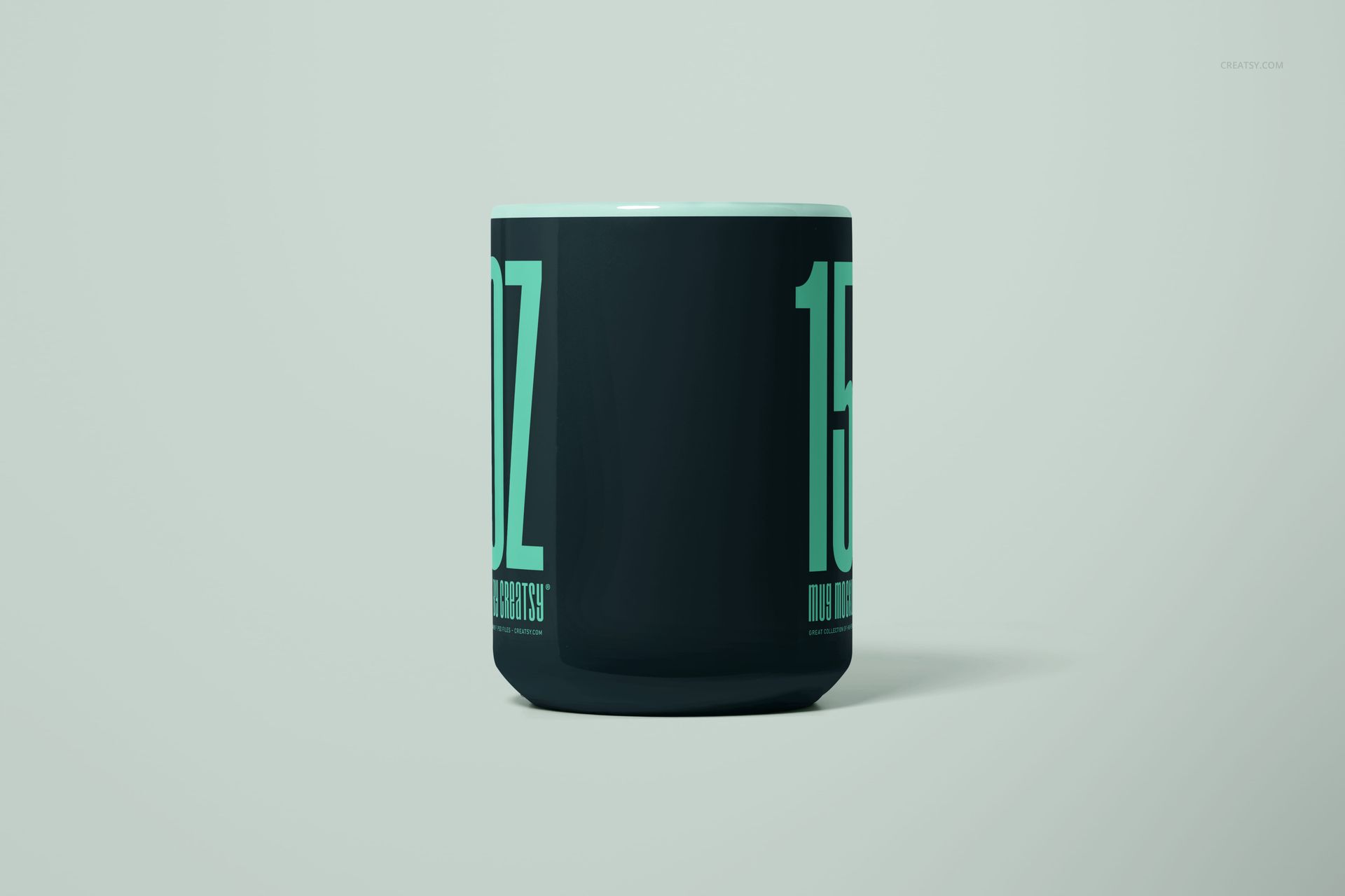 15oz mug mockup with dark body, oversized mint green lettering, and minimalistic studio setting, front perspective.