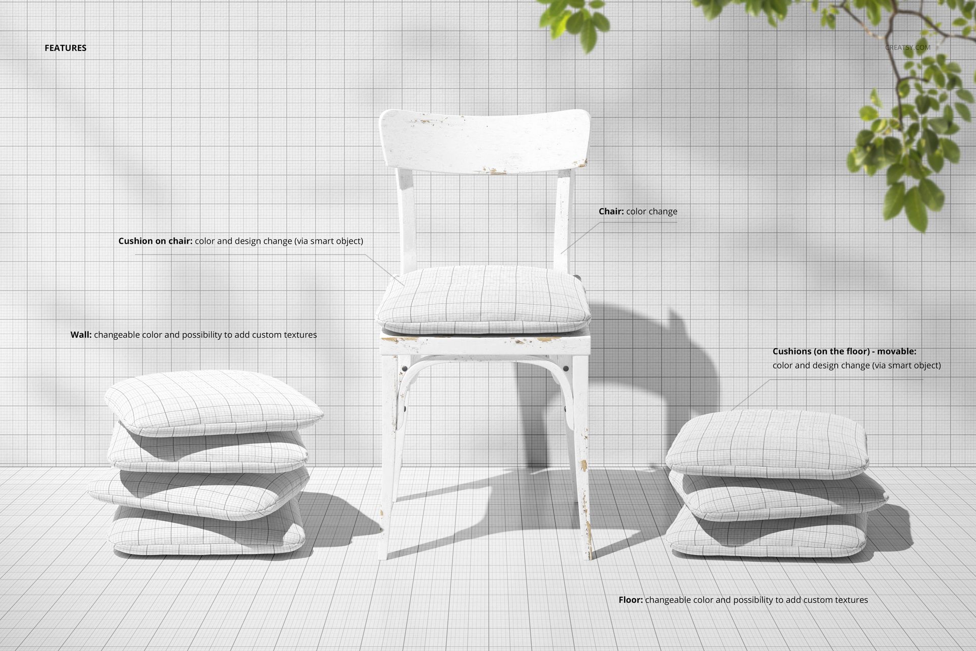 PSD mockup featuring a rustic chair with a fabric cushion, stacks of seat cushions, and grid-patterned wall and floor.