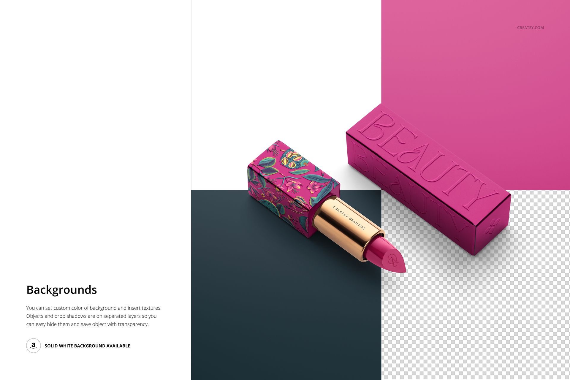PSD mockup of a classic lipstick in a gold tube with pink tip, shown with a patterned box on a split-color background.