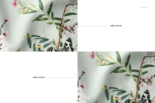 Top view of two fabric mockups with visible creases, displaying floral designs in green, pink, and white hues.