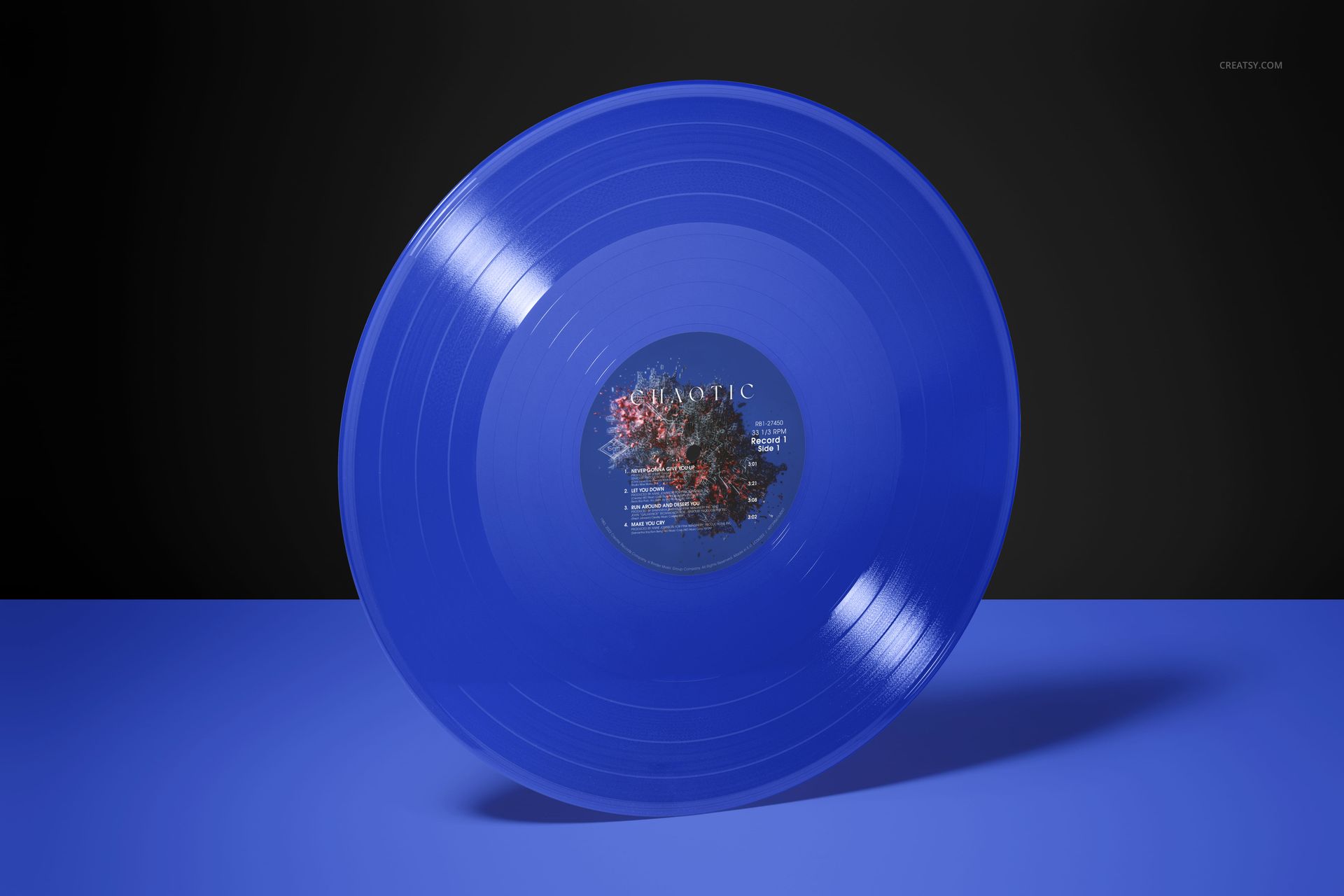 Colored vinyl record mockup featuring a vibrant blue disc with visible grooves and a decorative label in the center.