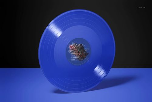 Colored vinyl record mockup featuring a vibrant blue disc with visible grooves and a decorative label in the center.