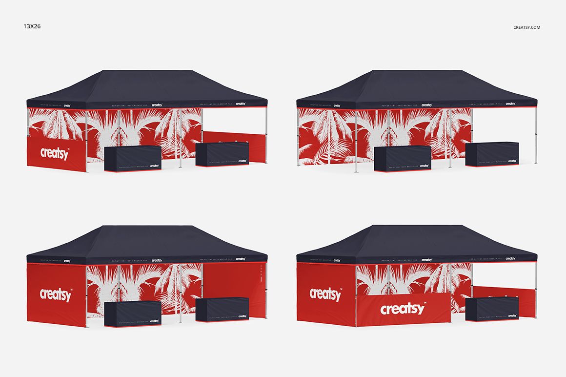 Set of four pop-up tent mockups with dark blue roofs and red panels decorated with white leaf designs, displayed on a plain background.