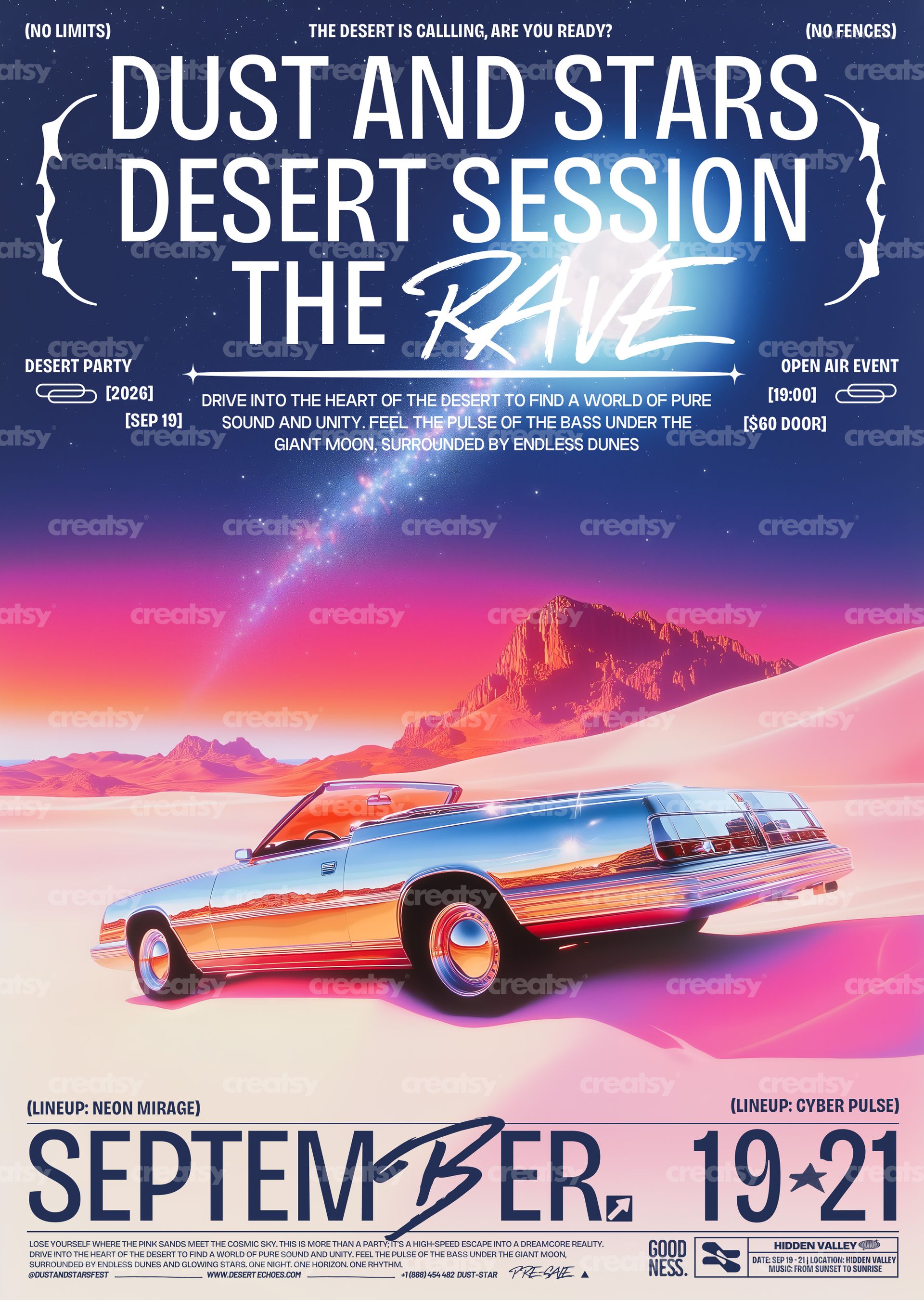 Front view of a poster mockup featuring a retro car in a neon desert landscape with mountains and stars.