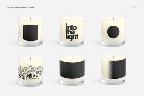 Ultimate Scented Candle PSD mockup showing six candles in glass containers, each with a distinct black label on white wax.