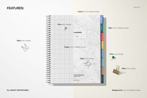 Spiral notebook mockup featuring a planner with customizable tabs, pages, and clips on a light dual-tone surface.