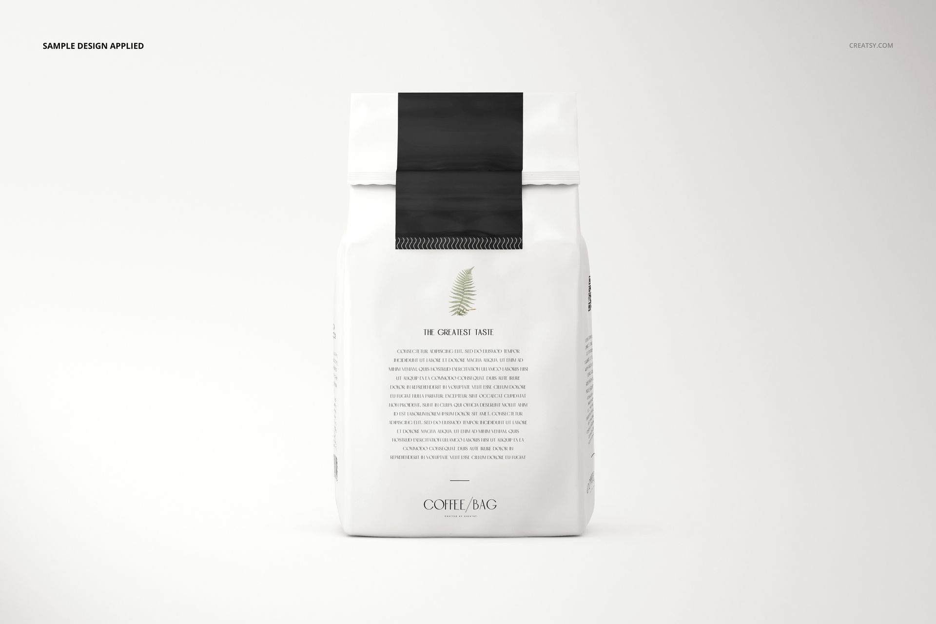 Paper coffee bag mockup shown from the front, featuring a black label, tree graphic, and clean white background.