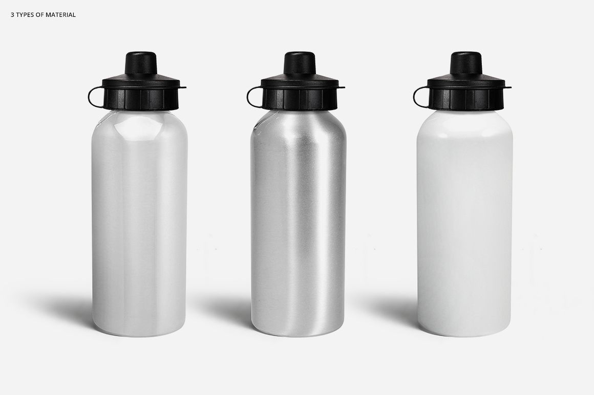 Front view of three mockup aluminum water bottles with black tops, arranged side by side against a white background.