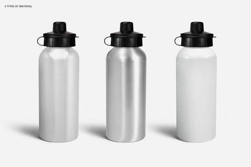 Front view of three mockup aluminum water bottles with black tops, arranged side by side against a white background.