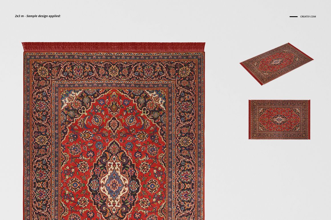 Front-facing mockup of a Persian-style carpet featuring ornate floral motifs in red and blue, displayed with fringe edges.