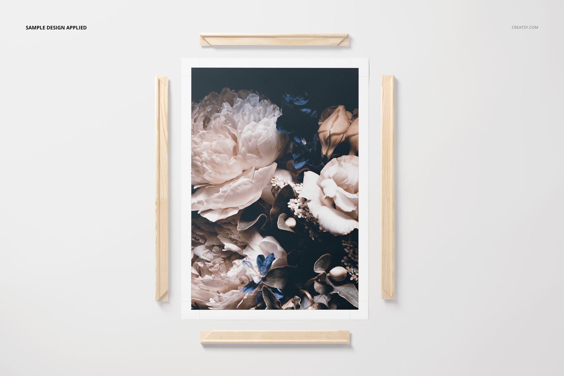 Rolled canvas print mockup featuring a floral artwork, displayed flat with kraft paper tubes on a white background.