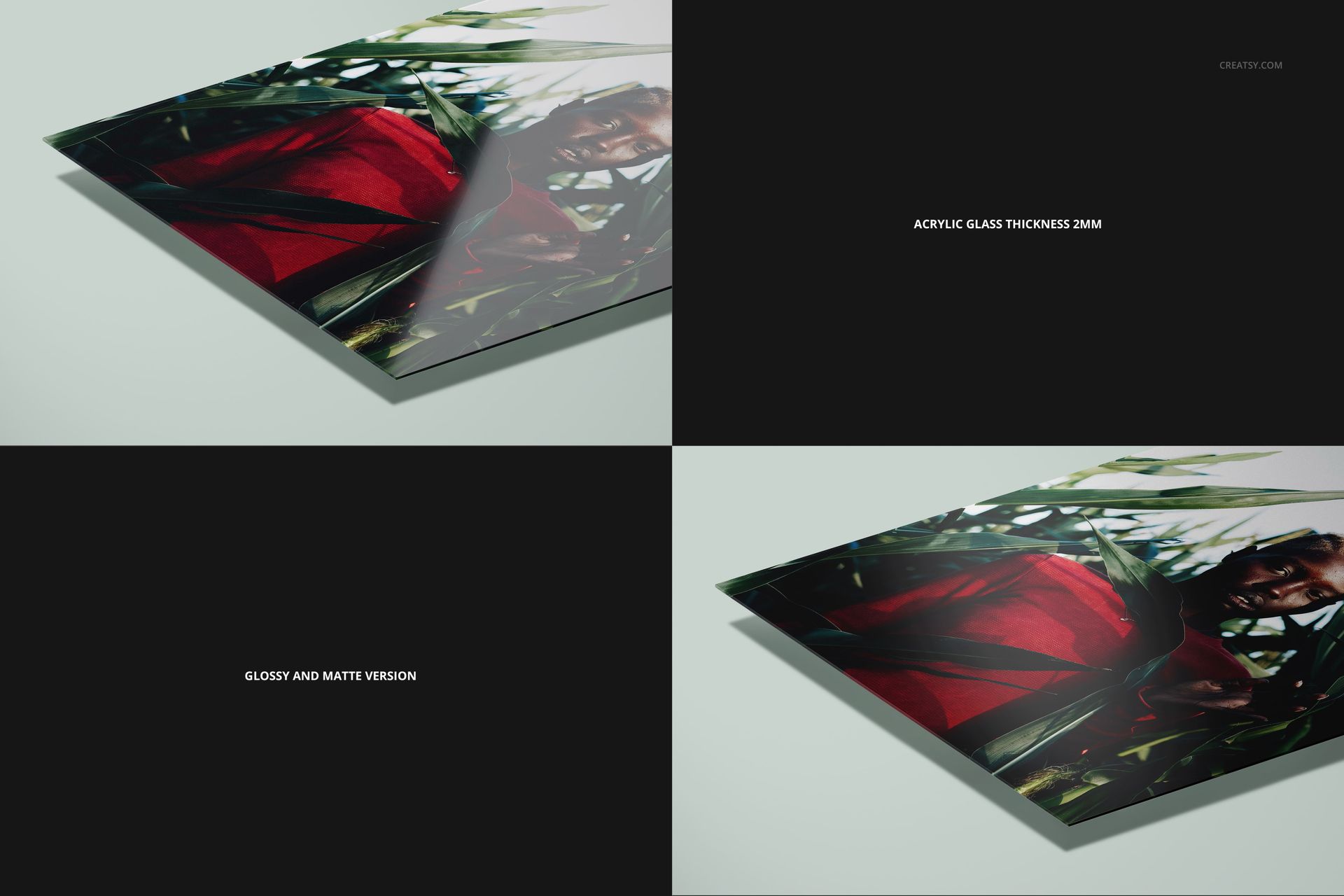 Closeup of acrylic glass print mockup showing a rectangular print with glossy and matte finishes on a light surface.