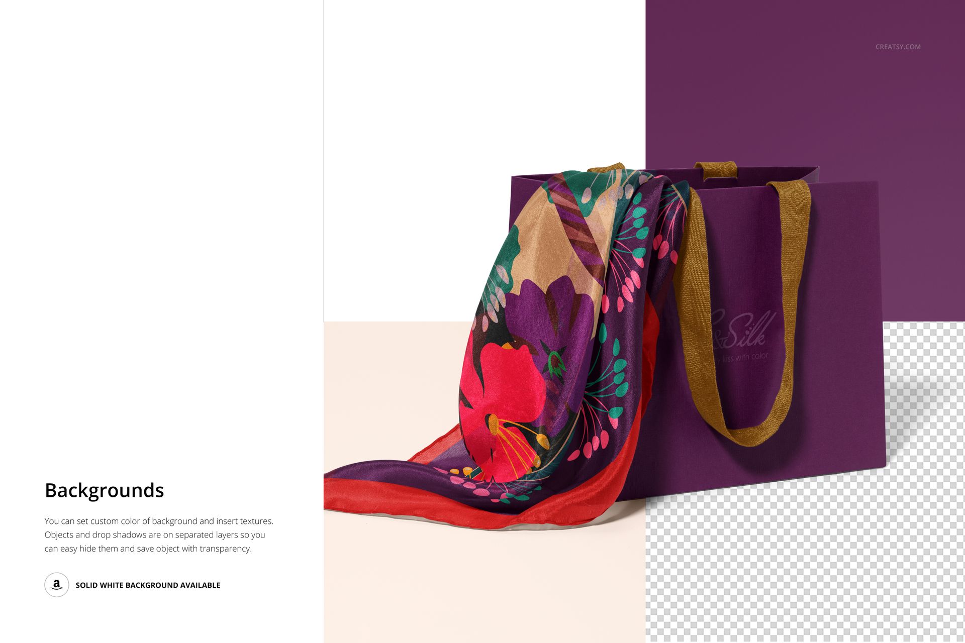 Colorful habotai silk scarf with bold floral pattern draped over a purple paper bag, front view mockup scene.