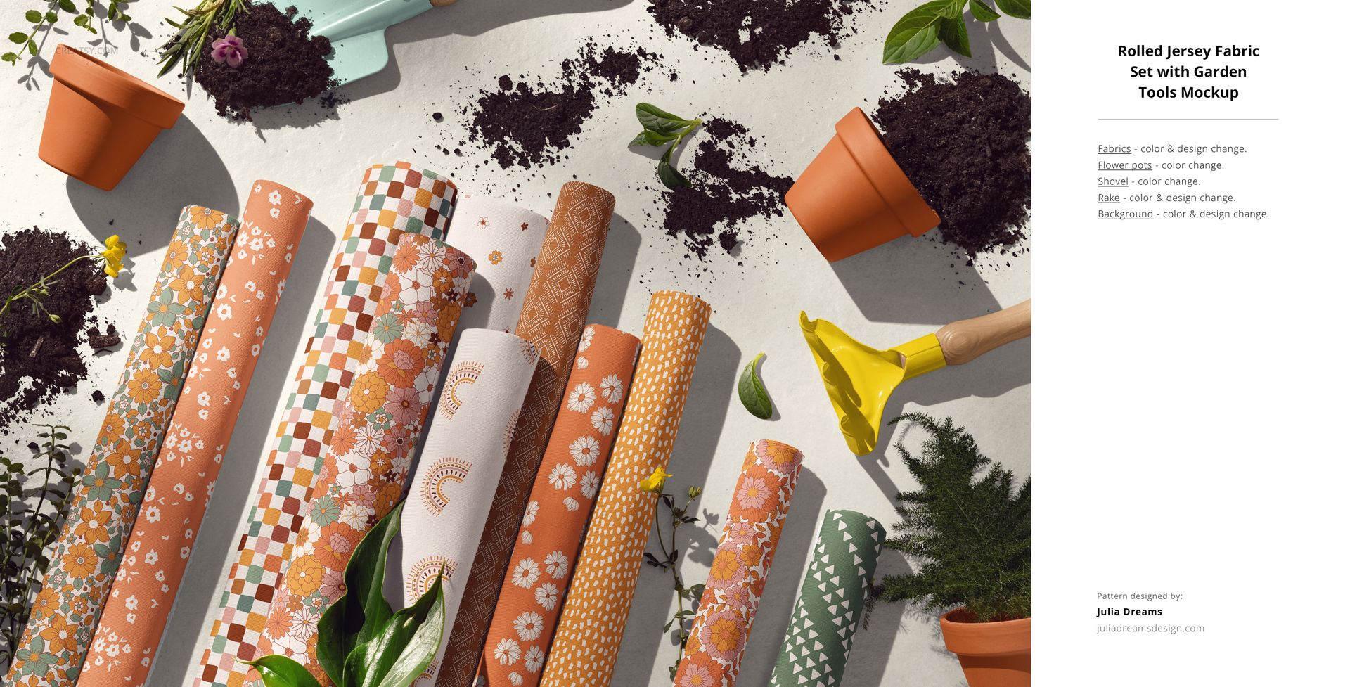 Rolled jersey fabric with colorful floral and geometric patterns arranged on a surface with garden tools and soil.