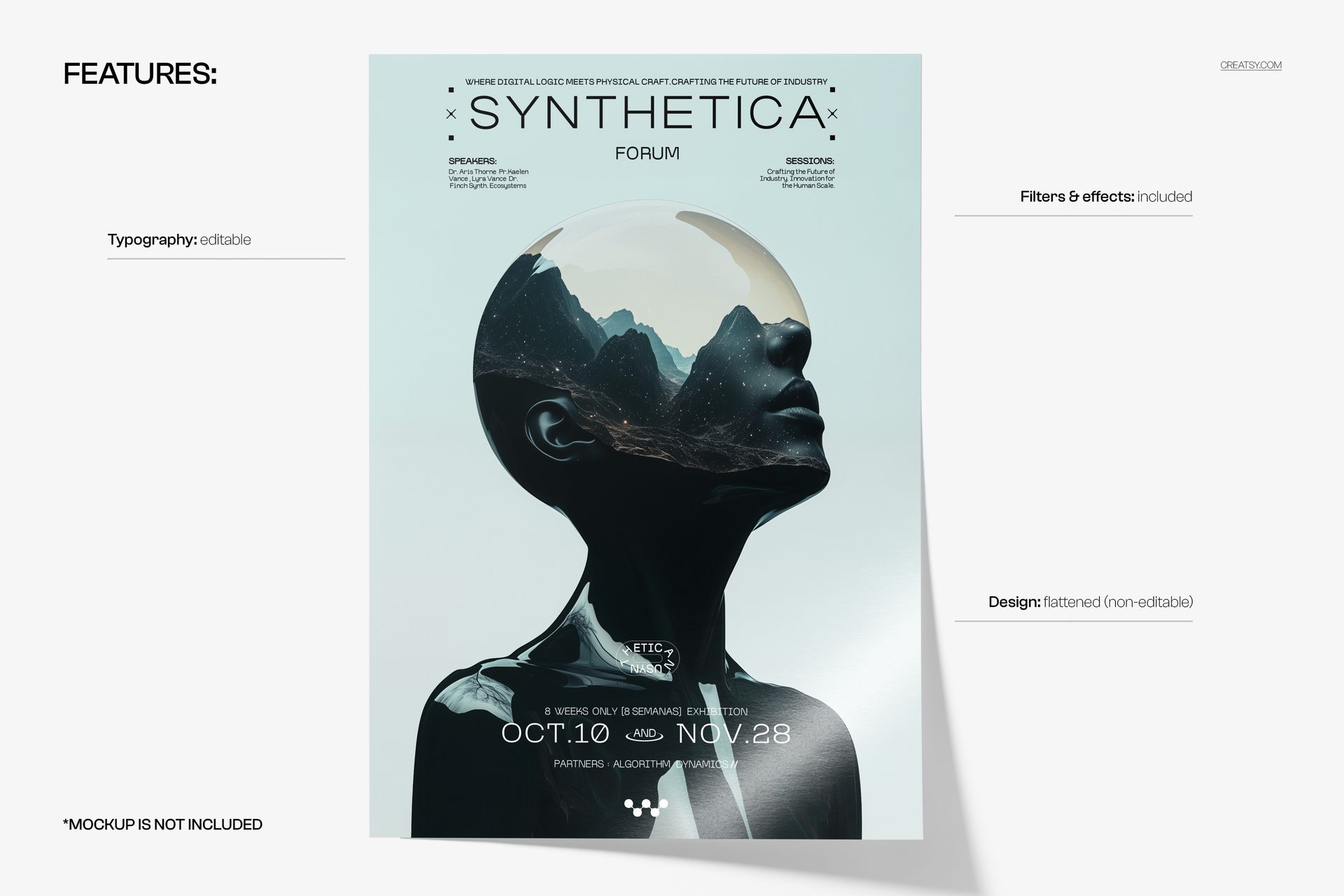 Poster mockup displaying a surreal design with a human profile, mountains, and a cosmic sky, shown on a white background.