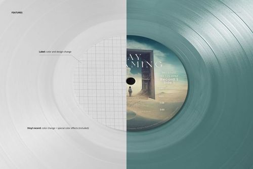 Close-up top view of a colored vinyl record mockup, half in teal and half in white, with editable label design.