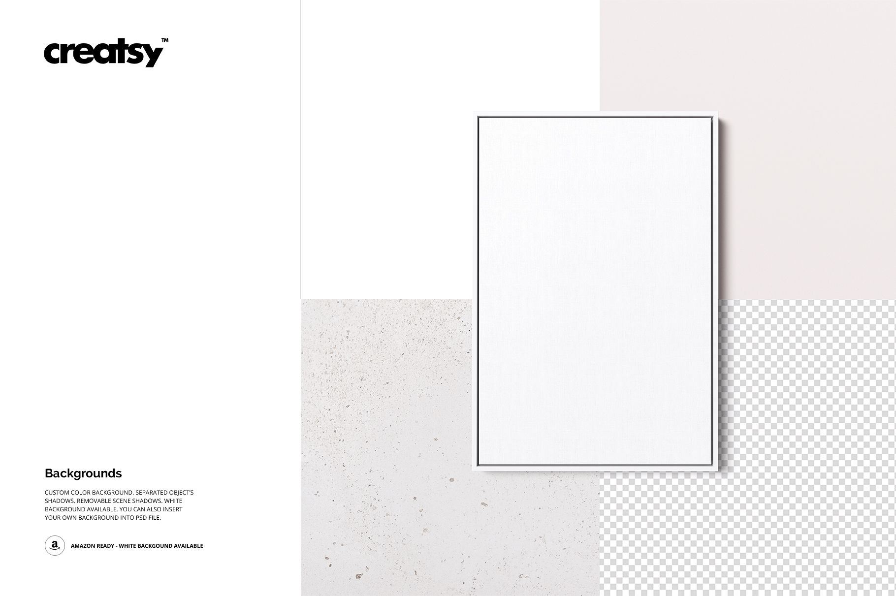 Front view of a rectangular canvas in a floater frame mockup, surrounded by various neutral background textures.