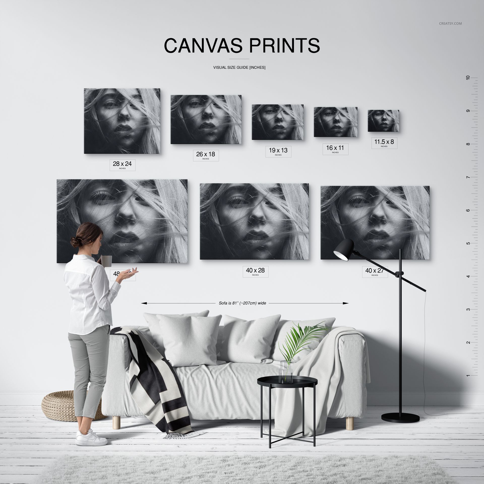 Size comparison mockup of canvas prints arranged on a wall, showing different dimensions and a person for reference.