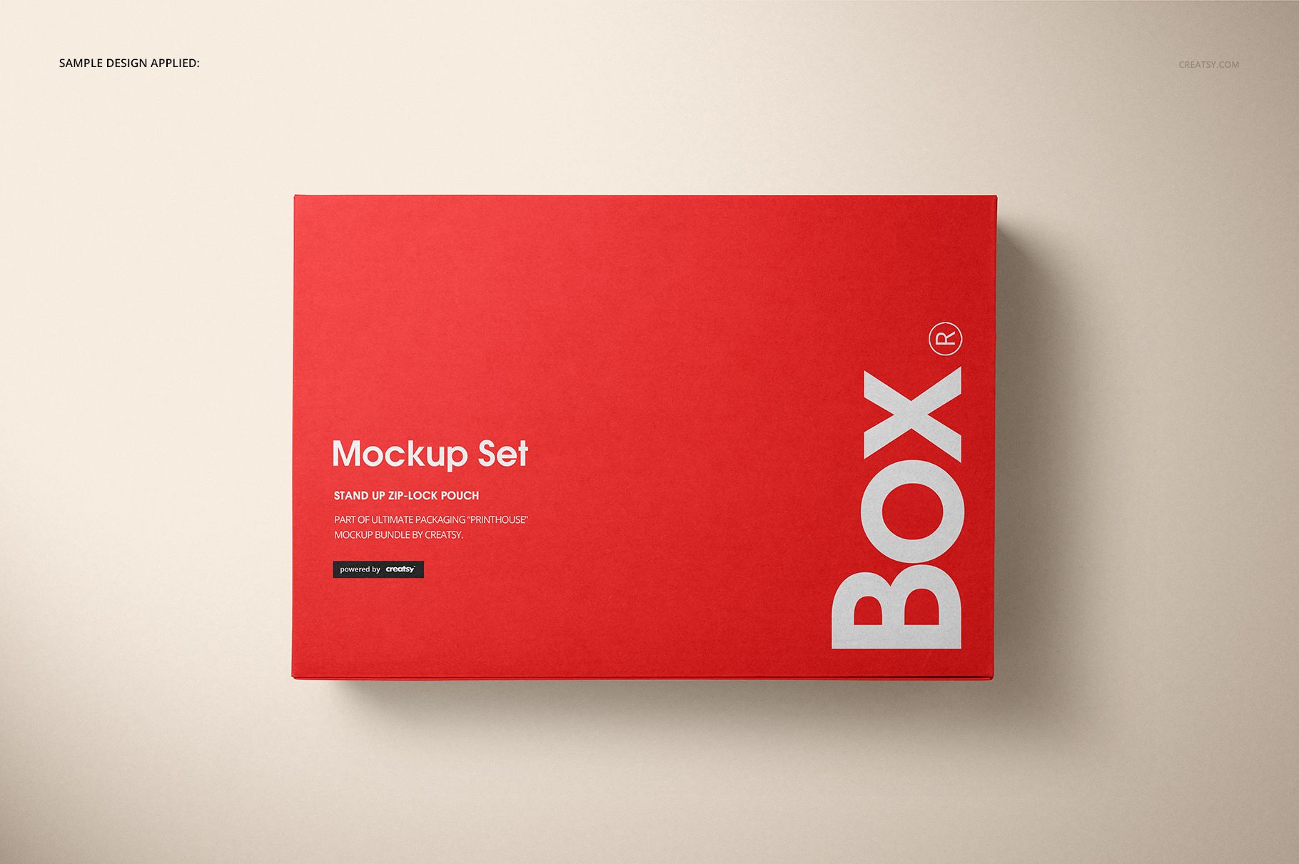 Rectangular kraft set box with a bold red lid, viewed from above against a neutral background, mockup design applied.