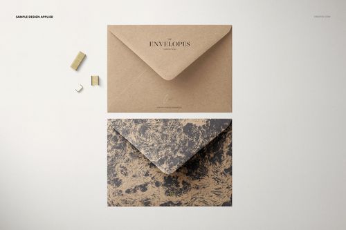 Mockup of C6 kraft paper envelopes, showing a plain brown envelope above a patterned envelope with black and tan swirls.