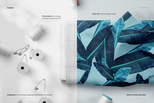 Front view of thread spools and a fabric bolt mockup with grid pattern, safety pins, and a blue leaf design overlay.