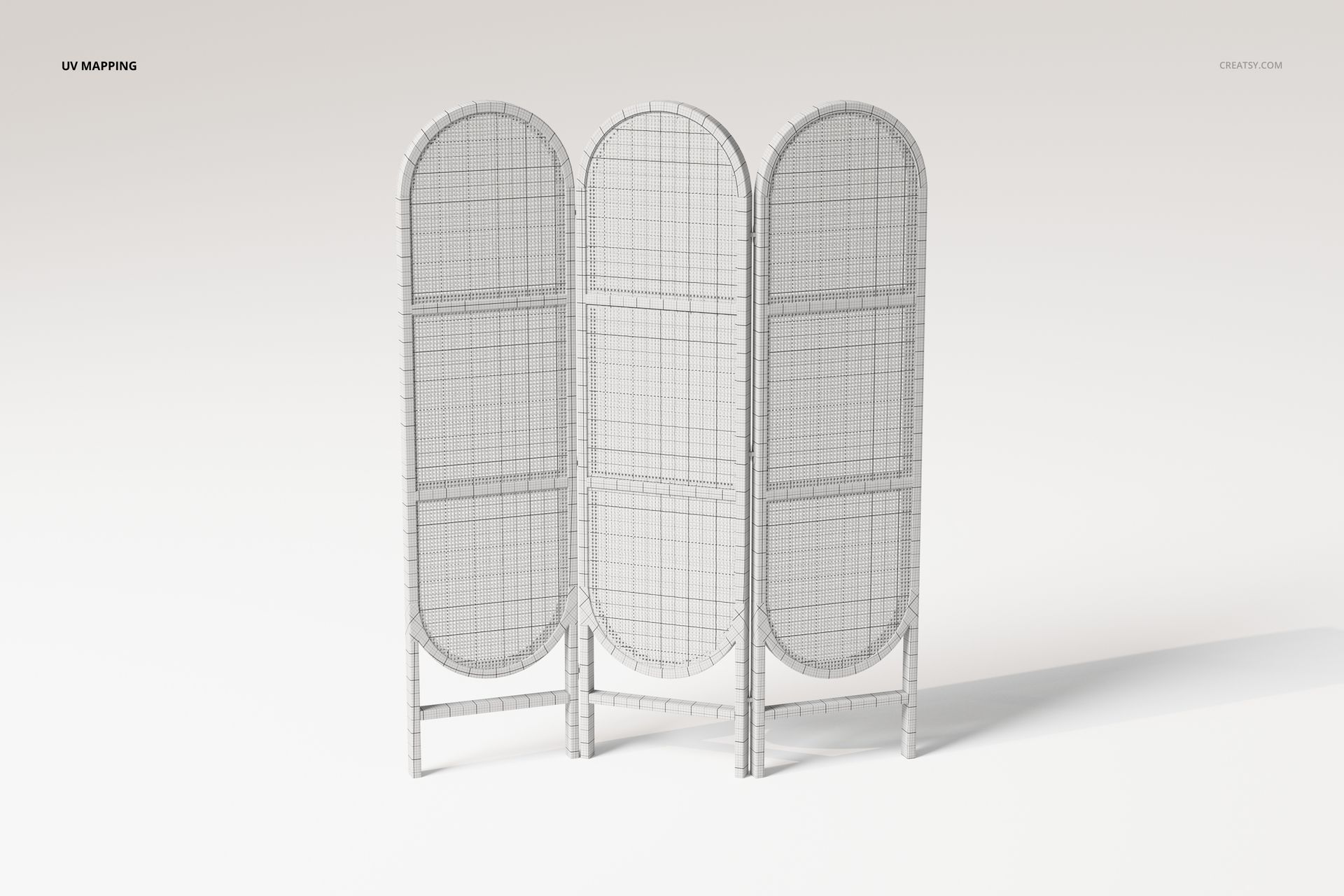 Three-panel rattan folding room divider 3D model with arched tops, shown in a front angled view on a light background.