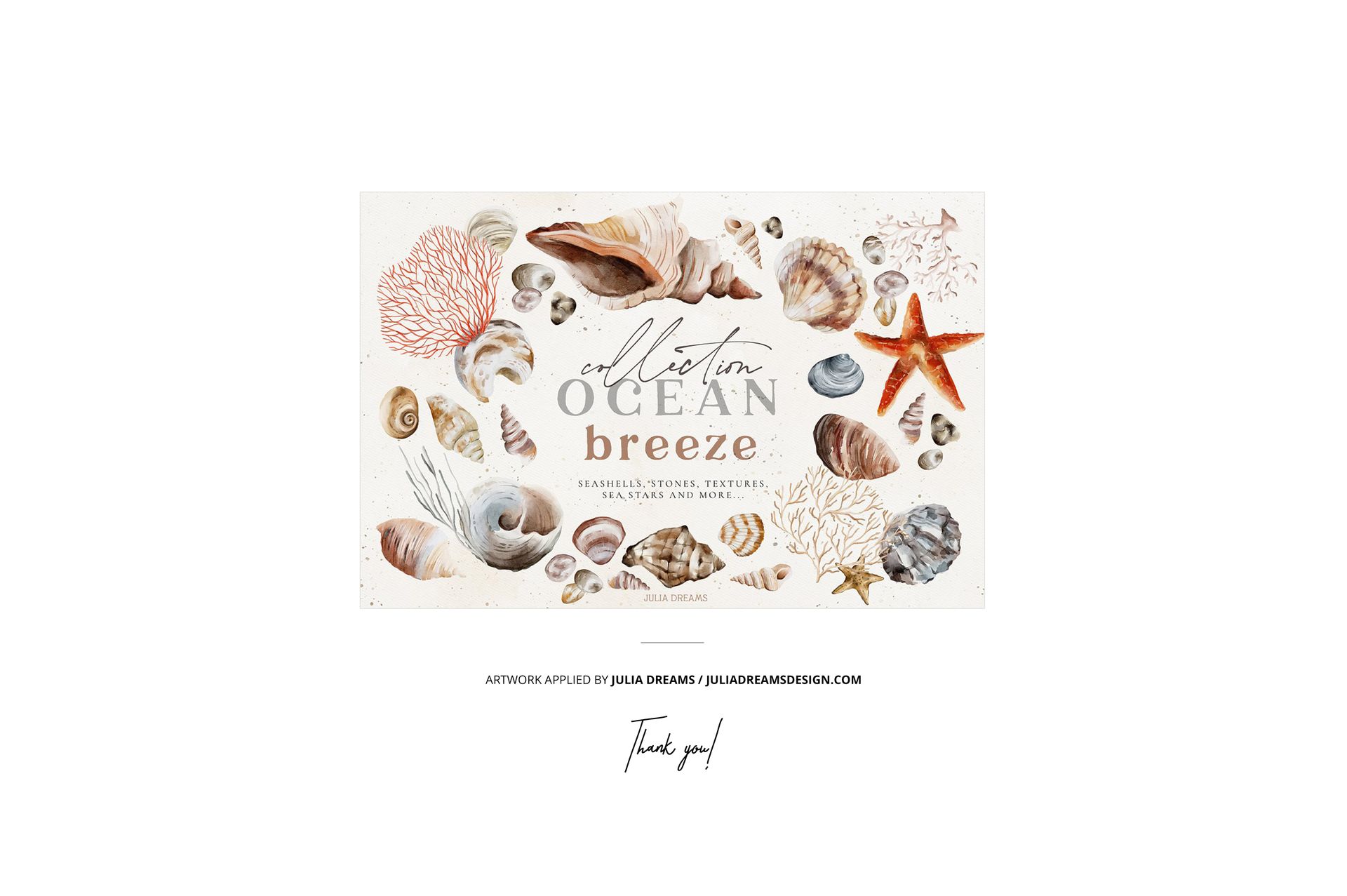 Rectangular cotton linen napkin mockup featuring assorted seashells, corals, and starfish in soft natural tones.