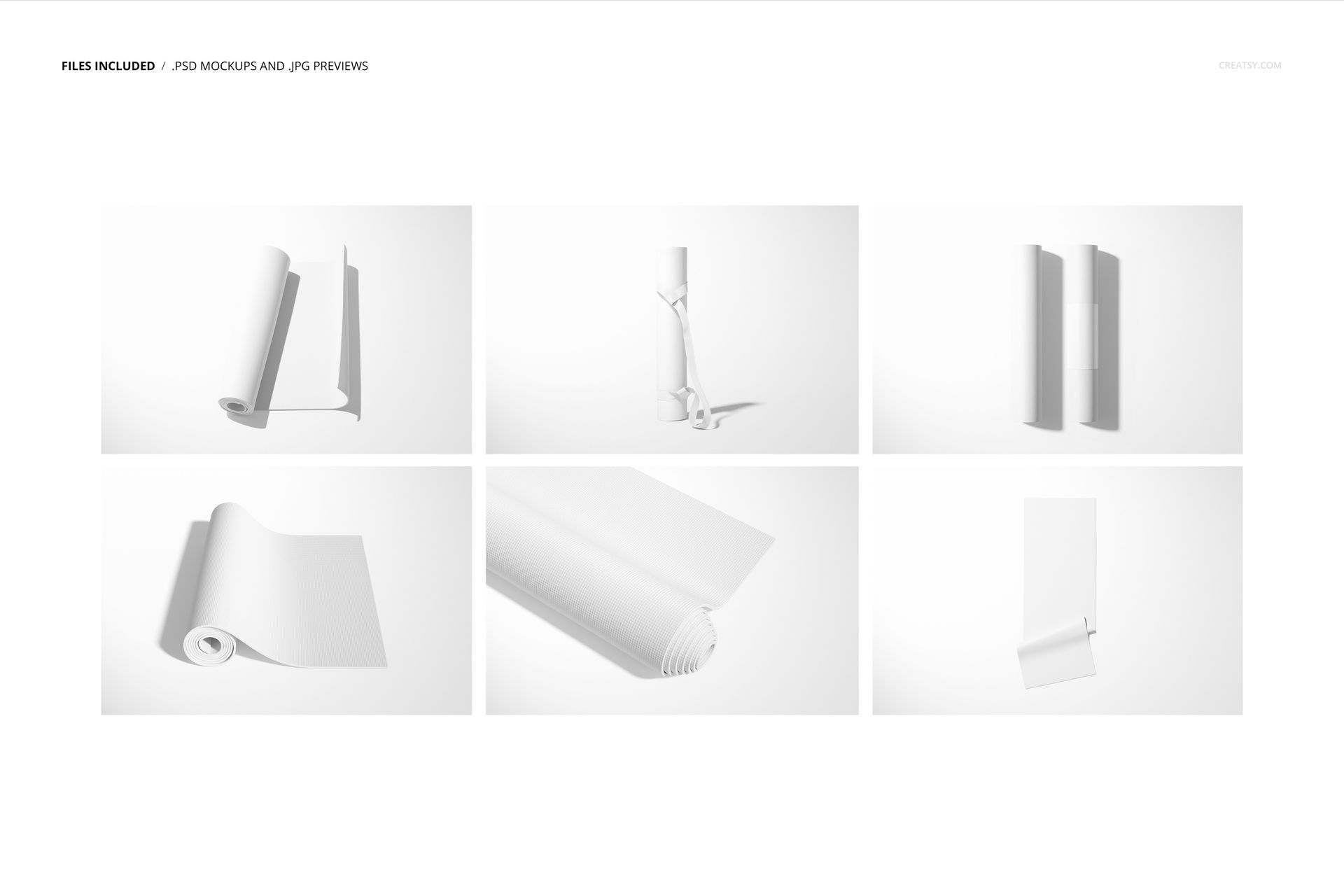 Set of six yoga mat mockups in various rolled and unrolled positions, displayed on a plain white background.