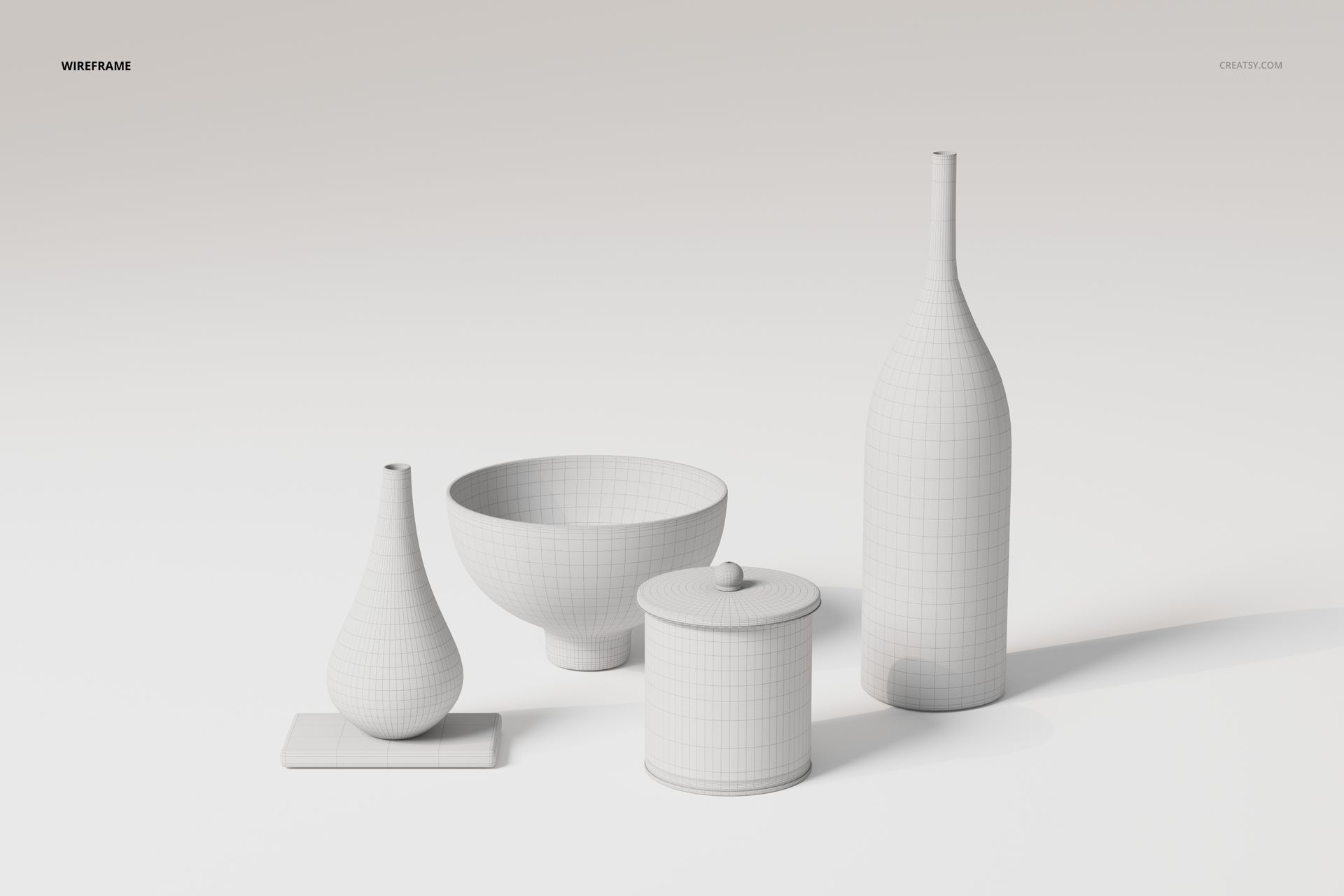 Front view of a modern ceramic vase set featuring four geometric vessels in white wireframe style on a plain surface.