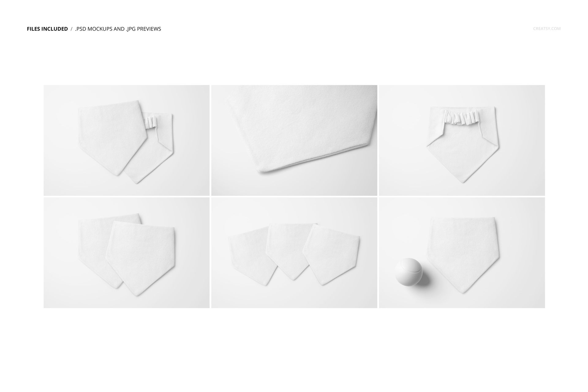 PSD mockup featuring multiple white dog scrunchie bandanas arranged individually and in groups, viewed from above.